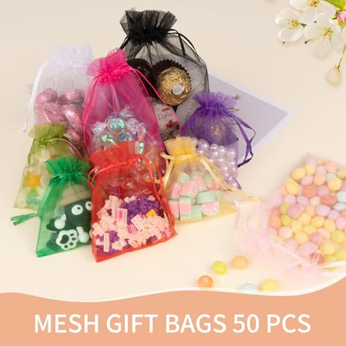 Crweety 50 Pcs Pink Organza Gift Bags 5x7 Inch, Small Mesh Bags Drawstring Jewelry Pouch Bags Goody Bags for Valentine Gifts Candy Wedding Party Favor - Image 4