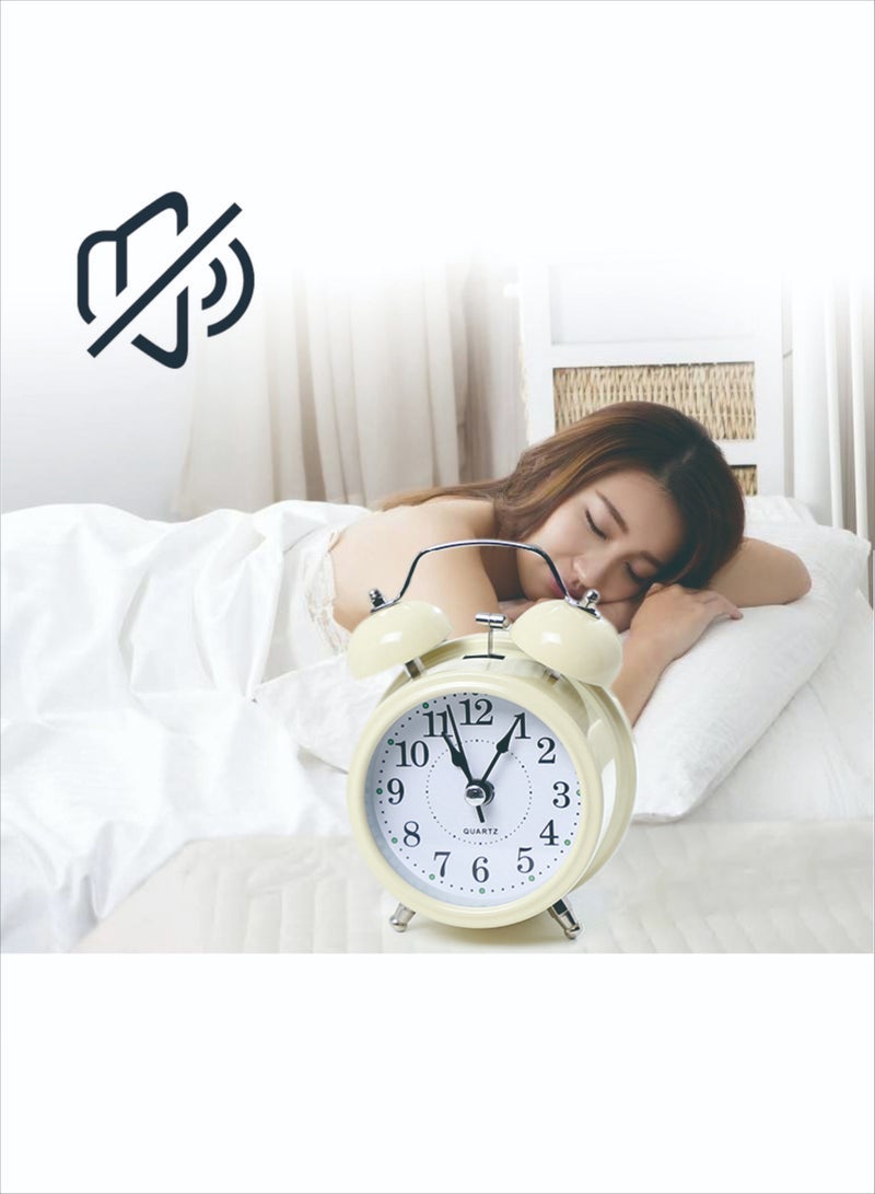 White Twin Bell Analog Alarm Clock, Silent Non-Ticking Quartz Clock for Bedroom - Image 5