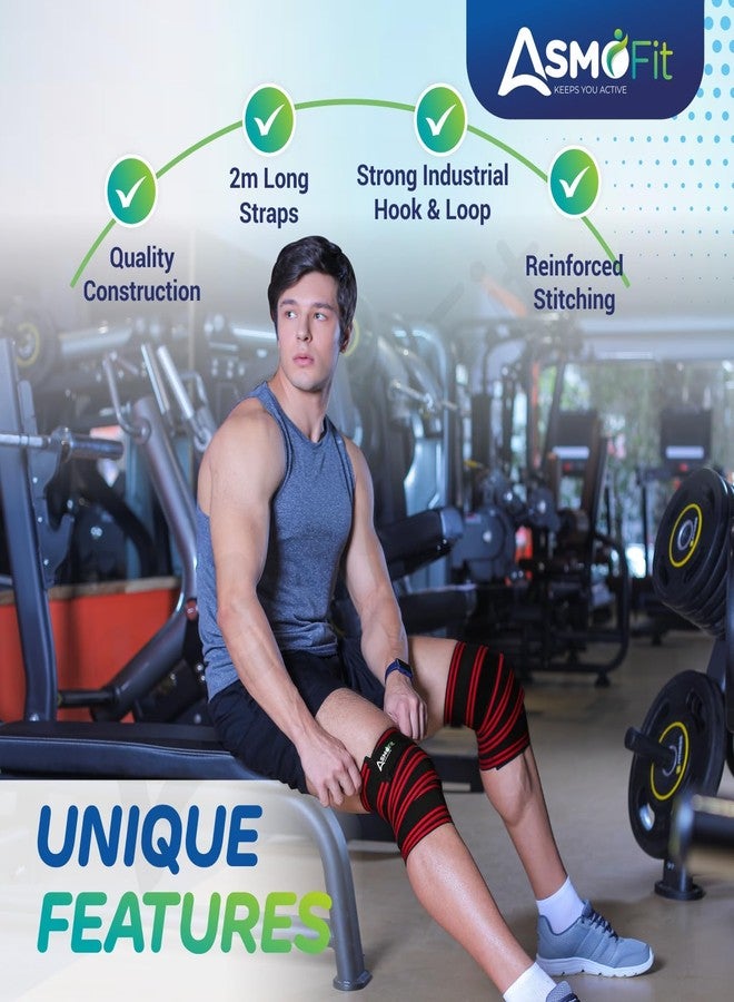 Asmofit أربطة الركبة Asmofit شديدة التحمل لرفع الأثقال - مجموعة أحزمة دعم ضاغطة لتمارين الصالة الرياضية، القرفصاء، الكروسفت، رفع الأثقال، الرفعة الميتة - للرجال والنساء (أحمر، طول مترين، زوج واحد) - Image 3