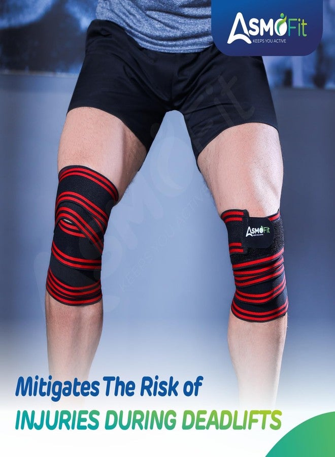 Asmofit أربطة الركبة Asmofit شديدة التحمل لرفع الأثقال - مجموعة أحزمة دعم ضاغطة لتمارين الصالة الرياضية، القرفصاء، الكروسفت، رفع الأثقال، الرفعة الميتة - للرجال والنساء (أحمر، طول مترين، زوج واحد) - Image 4