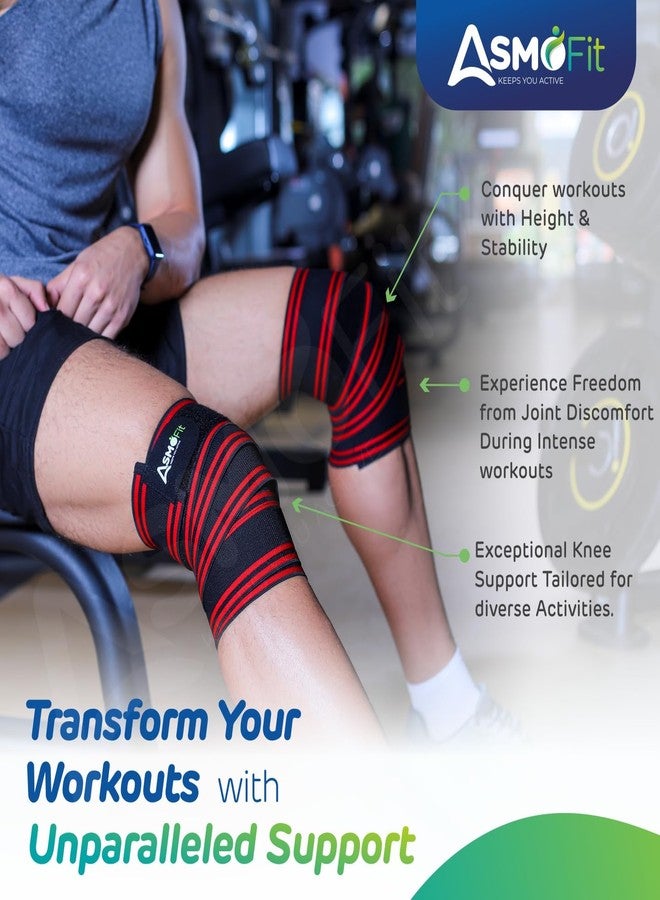 Asmofit أربطة الركبة Asmofit شديدة التحمل لرفع الأثقال - مجموعة أحزمة دعم ضاغطة لتمارين الصالة الرياضية، القرفصاء، الكروسفت، رفع الأثقال، الرفعة الميتة - للرجال والنساء (أحمر، طول مترين، زوج واحد) - Image 2