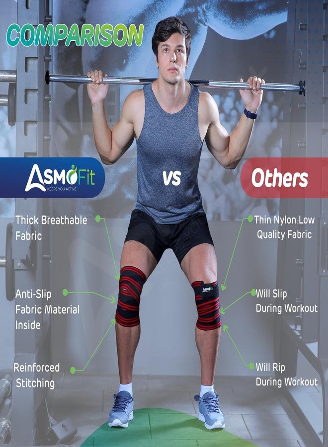 Asmofit أربطة الركبة Asmofit شديدة التحمل لرفع الأثقال - مجموعة أحزمة دعم ضاغطة لتمارين الصالة الرياضية، القرفصاء، الكروسفت، رفع الأثقال، الرفعة الميتة - للرجال والنساء (أحمر، طول مترين، زوج واحد) - Image 5