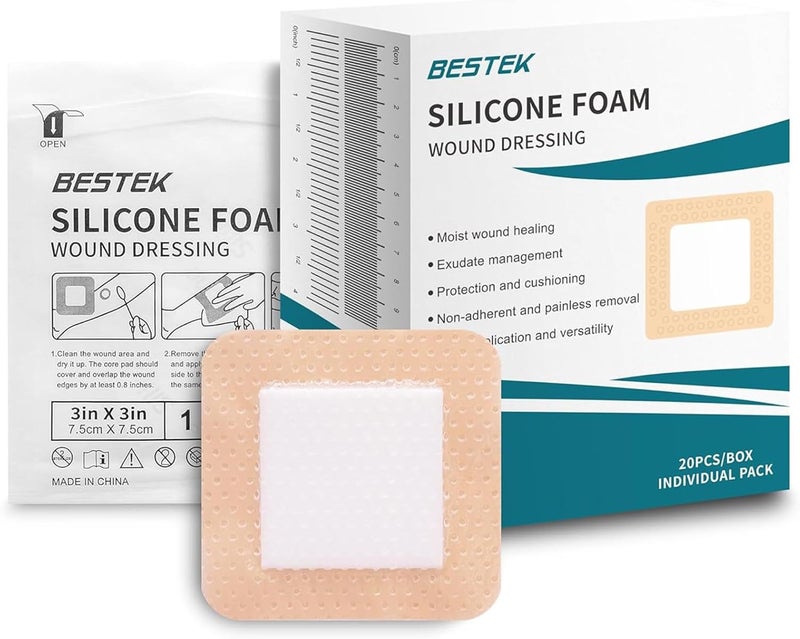 BESTEK Silicone Foam Dressing with Border Adhesive, Waterproof Wound Dressing Bandage, High Absorbency Wound Pad for Surgical Wounds, Cuts, Abrasions, Silicone Wound Bandage (3''x3'' (Pack of 20))