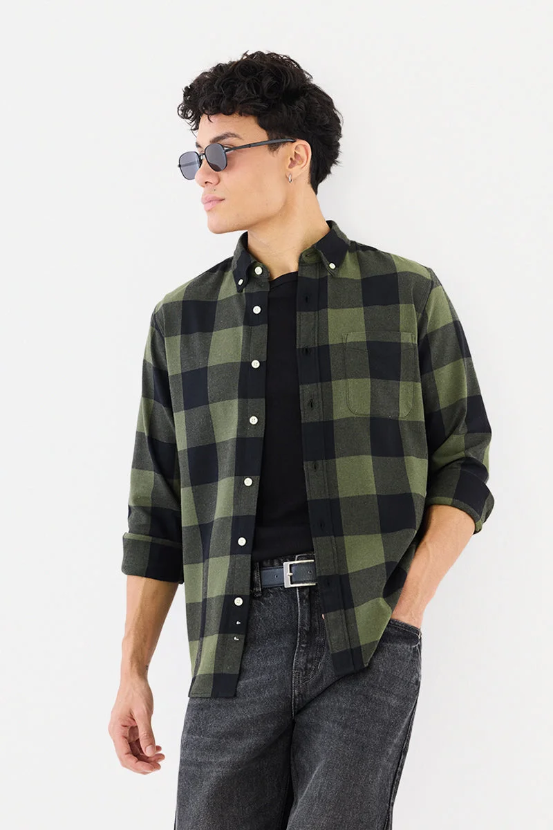 سنيتش Olive Green Checkered Long Sleeve Slim Fit Shirt