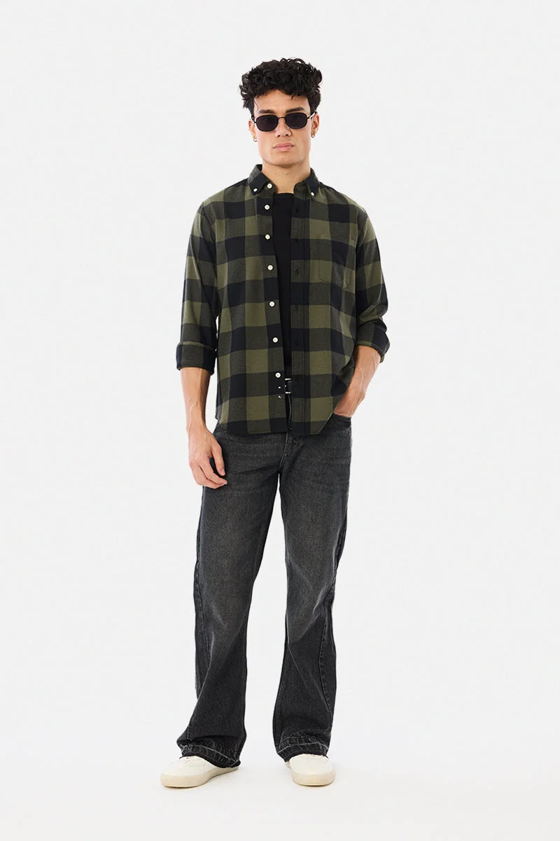 سنيتش Olive Green Checkered Long Sleeve Slim Fit Shirt