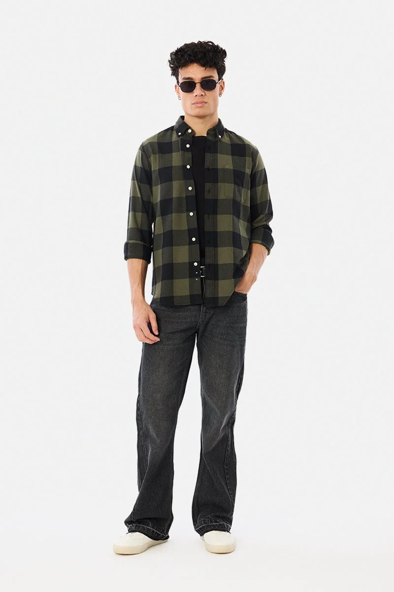 SNITCH Olive Green Checkered Long Sleeve Slim Fit Shirt