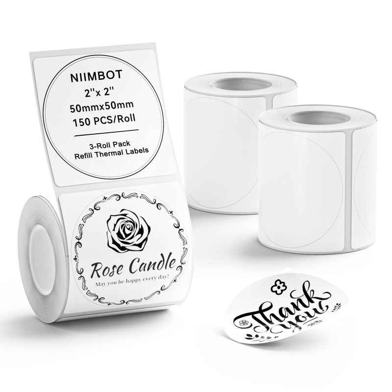 Thermal Labels 50x50mm Waterproof Tear-Proof Round Self-Adhesive Thermal Stickers - 450 Labels 3 Rolls For Home Office Retail Small Business - Image 1