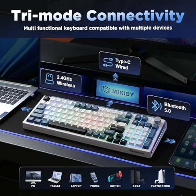 rayihni K98 WIRELESS MECHANICAL KEYBOARD,TRI-MODE BT5.0/2.4GHZ/USB-C HOT SWAPPABLE CUSTOM WIRELESS KEYBOARD,GASKET STRUCTURE,RGB BACKLIT GAMING KEYBOARD FOR WIN & MAC(WHITE&BLUE,MILK-V2 SWITCH) - Image 3
