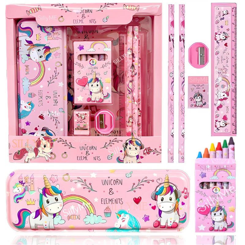 SILLYME 7pcs Unicorn Stationery Set for Girls - Unicorn Pencil Box, Pencils, Crayons, Unicorns Gifts for Girls - Image 1