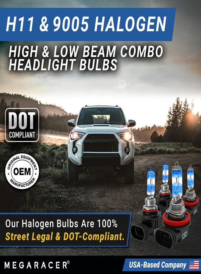 Mega Racer Premium OEM H11 9005 Halogen Headlight Bulbs Combo (4 Bulbs) - Street-Legal & DOT Compliant for On-Road Use, Automotive Car Light Replacement, 12V 55W/65W, Low & High Beam, Plug & Play - Made in Korea - Image 2