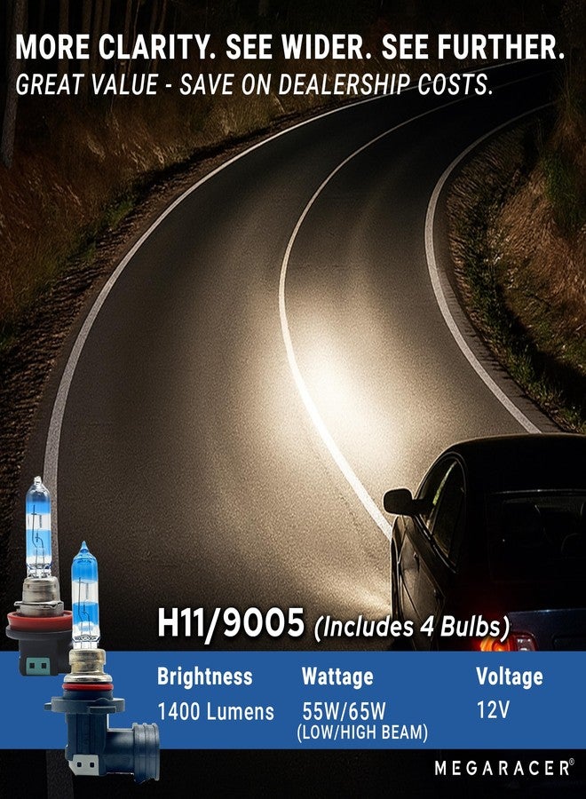 Mega Racer Premium OEM H11 9005 Halogen Headlight Bulbs Combo (4 Bulbs) - Street-Legal & DOT Compliant for On-Road Use, Automotive Car Light Replacement, 12V 55W/65W, Low & High Beam, Plug & Play - Made in Korea - Image 3