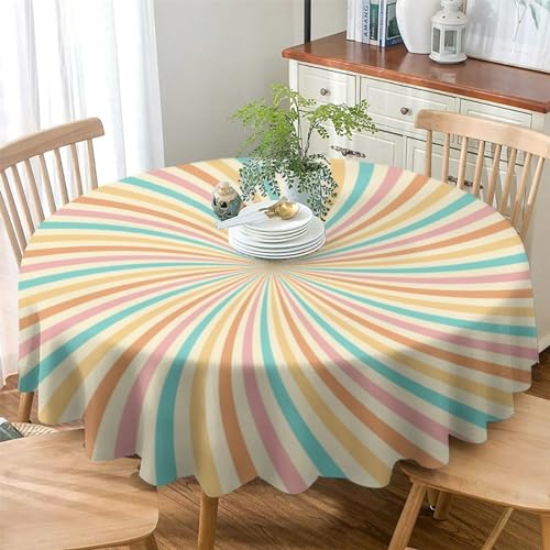 JanJCurt Retro Sunset Tablecloth, Vintage 1960 1970s Style Pastel Colors Summer Sunburst Print Table Cloth Cover for Picnic Party Holiday Home, Round(36x36in) - Image 3