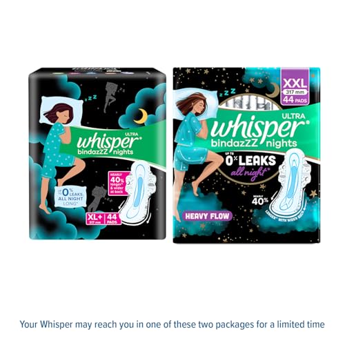 Whisper Bindazzz Nights 44 XXL Sanitary Pads, Upto 0% Leaks All Night Long, For Heavy Flow, Nearly 40% Longer with Wider Back, Active odor lock so you feel fresh, Disposable Wrapper - Image 2