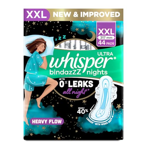 Whisper Bindazzz Nights 44 XXL Sanitary Pads, Upto 0% Leaks All Night Long, For Heavy Flow, Nearly 40% Longer with Wider Back, Active odor lock so you feel fresh, Disposable Wrapper - Image 1