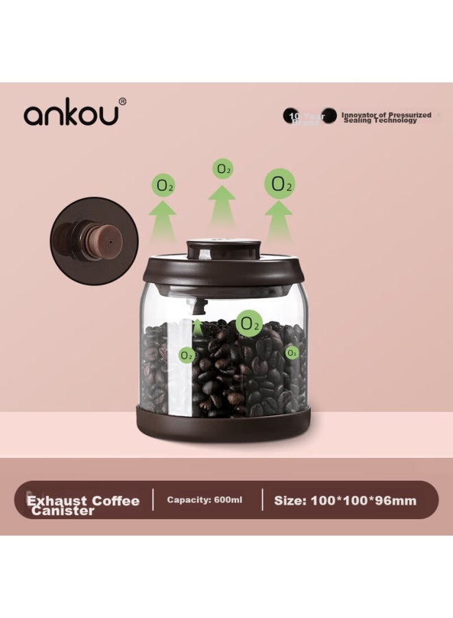 Ankou Glass Jar Coffee Beans Airtight Container, One-way Air Release Coffee Grounds Glass Sealed Storage Jar, 600ml, Coffee Brown - Image 1
