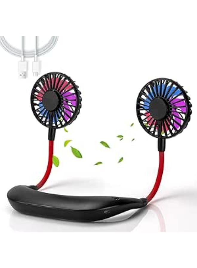 مراوح رياضية محمولة بدون استخدام اليدين، تصميم قابل لإعادة الشحن ومروحة صغيرة بمنفذ USB، 3 سرعات و7 ألوان وإضاءة LED ورأس قابل للتعديل بزاوية 360 درجة مناسبة للمكتب والأنشطة الخارجية والرياضة (أسود)