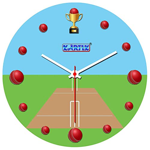 KARTIK Cricket Theme Wall Clock for Kids Room Decoration, Round Analog Clock with Sports Design for Boys Bedroom, Non-Ticking Silent Movement Timepiece for Playroom or Living Room Without Glass 11X11 inch - Image 1