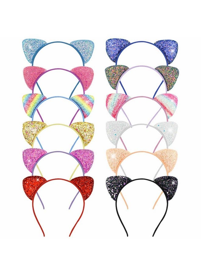 yuntop 12 Pack Glitter Headbands with Sequin Cat Ears for Girls and Women - Cute Hair Accessories for Daily Wear and Party Decoration (Multicolor) - Image 1