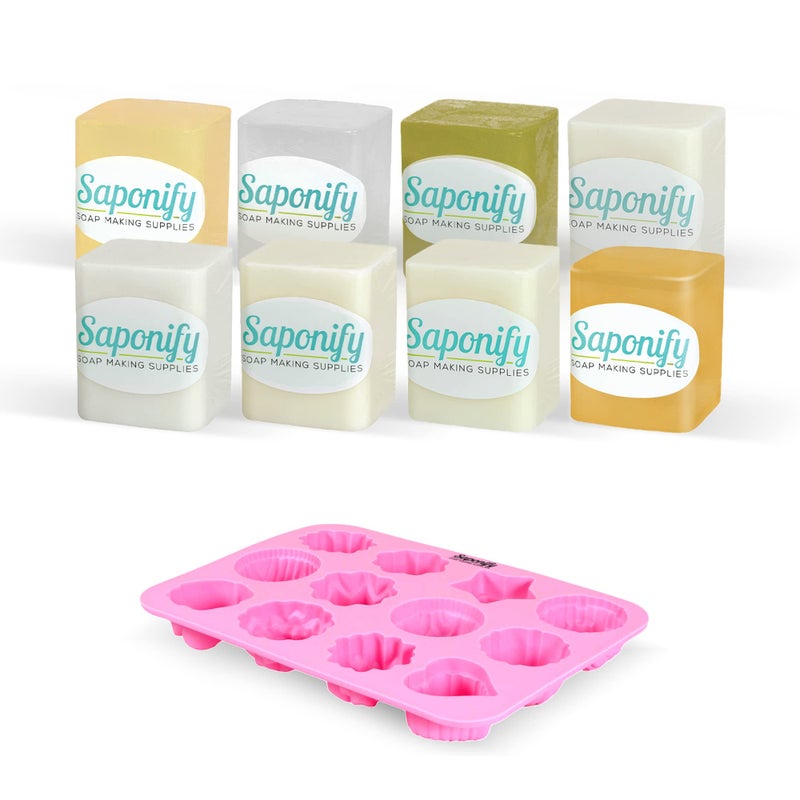 Saponify Soap Making Supplies Saponify  Melt and Pour Soap Base Sampler Kit Silicone Mold Honey Clear Hempseed Oil White Cocoa Butter Mango Butter Goats Milk and Argan Oil 1Lb Each Variety Pack 2