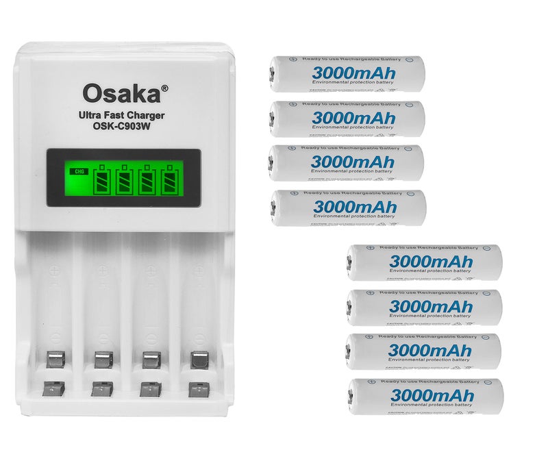 OSAKA HR06 3000mAh AA Ni-Mh Rechargeable Batteries 8 Pieces with OSK-C903W Battery Charger Set - Image 1