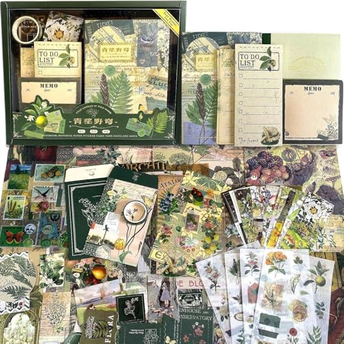 GDNK Scrape Book Kit Scrapbooking Kit Vintage Journal Scrapbook Pack DIY Paper Stickers, Craft Kits Notebook, Collage Album Aesthetic Sticker Journaling Scrapbook Photo Album (Green) - Image 1