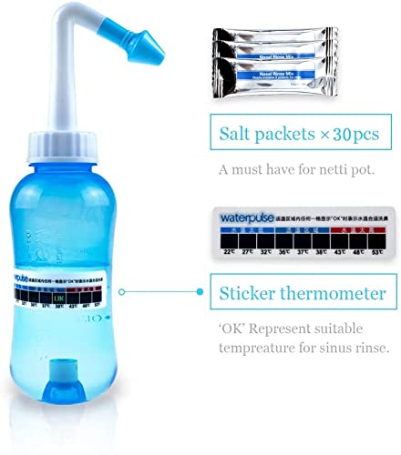 waterpulse وعاء نتّي ووتر بلس لشطف الجيوب الأنفية، زجاجة غسل الأنف، زجاجة شطف الجيوب الأنفية مع ضغط الري، وعاء نتّي مع ملصق ترمومتر للبالغين والأطفال (300 مل مع 30 عبوة ملح لغسل الأنف، أزرق) - Image 3