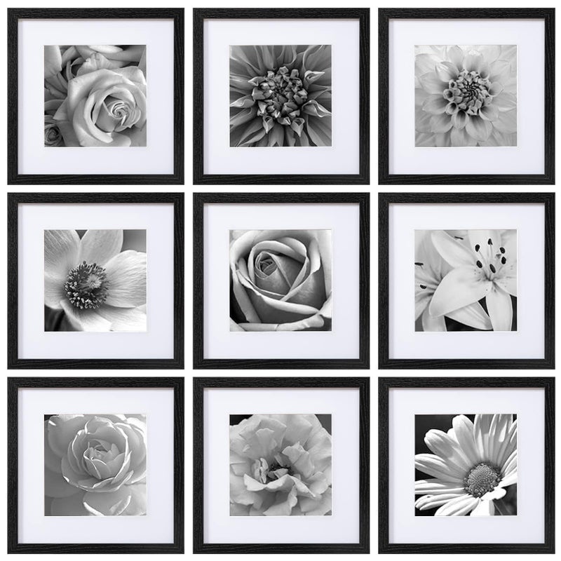 eletecpro 12x12 Picture Frames Set of 9 Classic Gallery Wall Frame Set Displays 8x8 Photo with Mat or 12x12 without Mat Square Collage Wall Decor Black Home Decor for Hanging