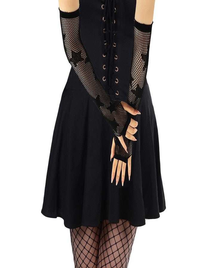 MASIKA Women's Fishing Net Gloves, Halloween Dress Up Fingerless Long Gloves, Gothic, Cosplay Accessories, Mesh Black - Image 2
