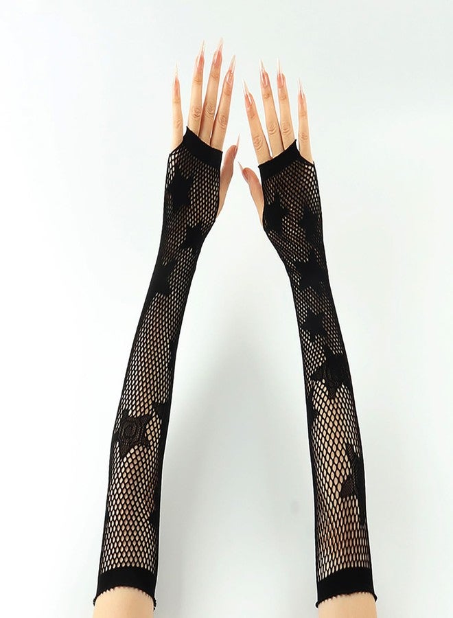 MASIKA Women's Fishing Net Gloves, Halloween Dress Up Fingerless Long Gloves, Gothic, Cosplay Accessories, Mesh Black - Image 3