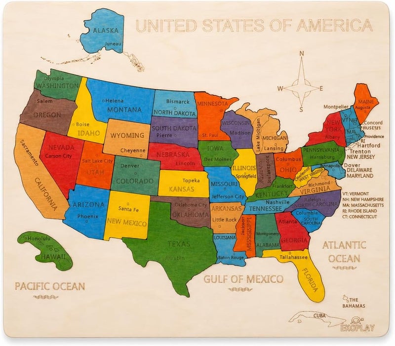 EKOPLAY USA Map Wooden Jigsaw Puzzle for Kids | 44 Puzzle Pieces | Learning & Educational Toy Gift for Boys & Girls Ages 3 Years and Above - Image 1