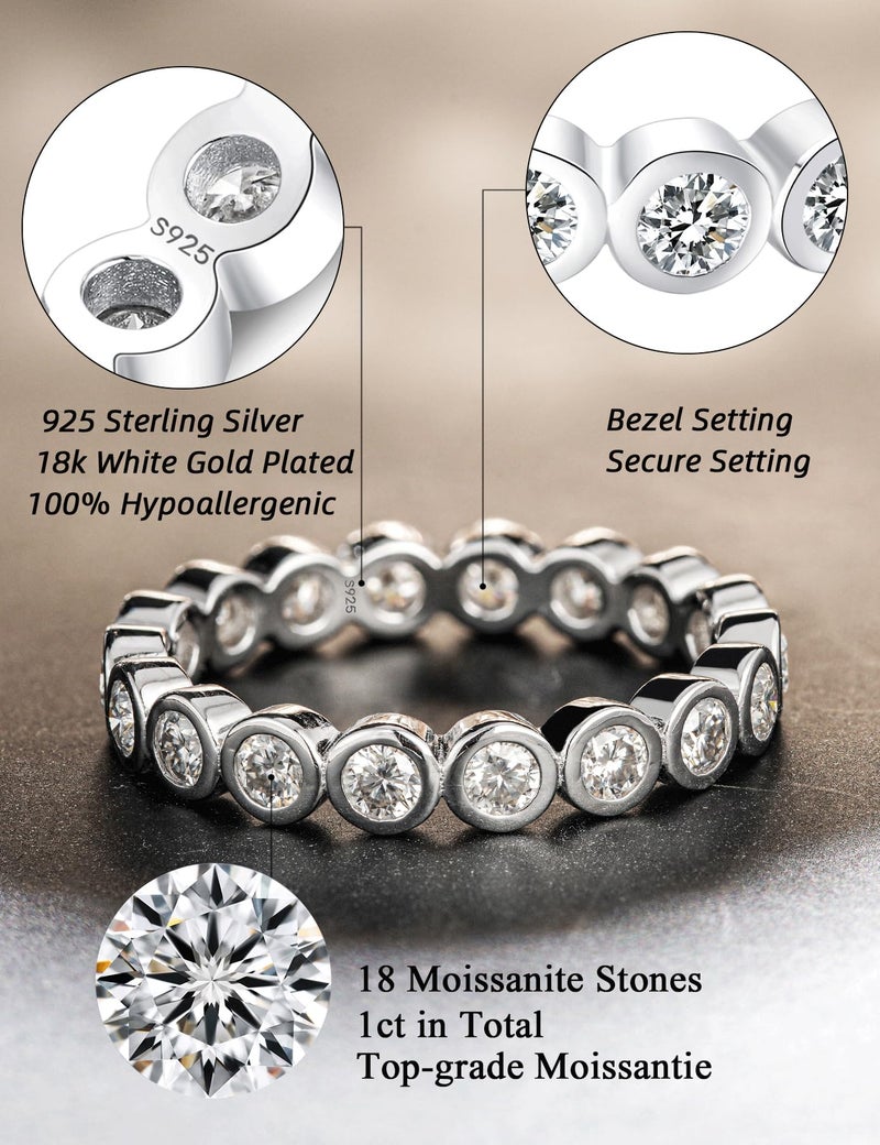 IMOLOVE Moissanite Wedding Bands for Women, Trendy 1 Carat Stackable Eternity Bezel Set Band Rings Everyday Fashion Silver Moissanite Rings for Women with 18K White Gold Plated Size 5 - Image 2