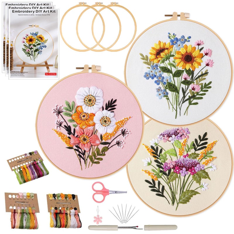 Ohcol 3 Sets Embroidery Kit for Beginners Cross Stitch Kits Needlepoint Kits Crafts for Adults with 3 Embroidery Hoops Easy-to-Follow Operating Instructions,Needle Point Kits with Flowers Patterns - Image 1