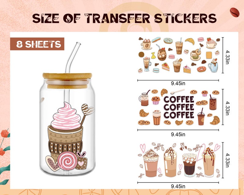 Rngmsi UV DTF Cup Wrap - 8 Sheets Coffee UV DTF Cup Wraps for 16 oz, Cake Drink Milk Tea Uvdtf Decals, Waterproof Ice Cream Rub on Transfer Stickers for Glass, DIY Wood Crafts - Image 2