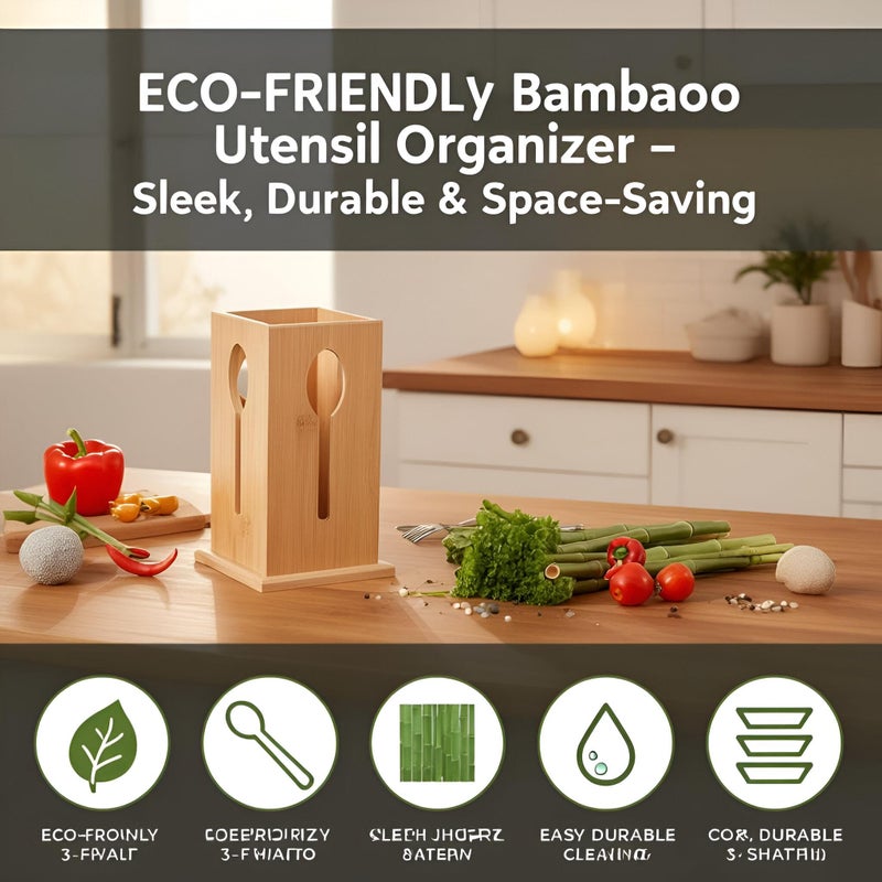 Bamboo Holder - Elegant cutlery storage box with modern design, spacious compartments for chopsticks, forks, spoons, and knives, ensuring neat organization at home and outdoor dining use - Image 2