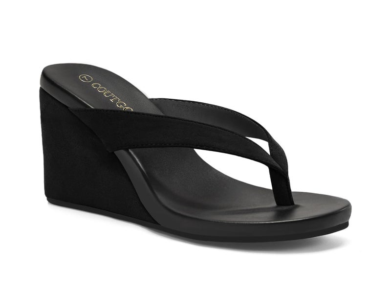 Coutgo Womens Wedge Heels Sandals Platform Flip Flops Slides Slip On Summer Beach Shoes, Black, Size 8.5 - Image 1