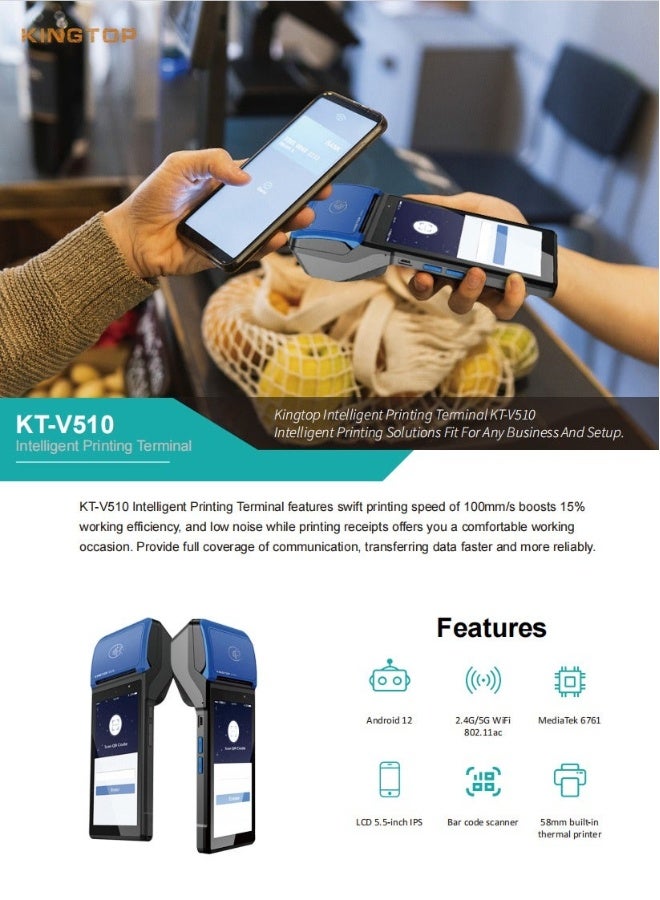 KINGTOP Handheld POS PDA Receipt Printer 58mm High Speed Thermal Paper Printer Smart POS Terminal, POS Machine Scan 1D/2D/QR Barcodes, POS System with NFC/2G/3G/4G/WiFi/BT (Included 3 Rolls Thermal Paper) - Image 4