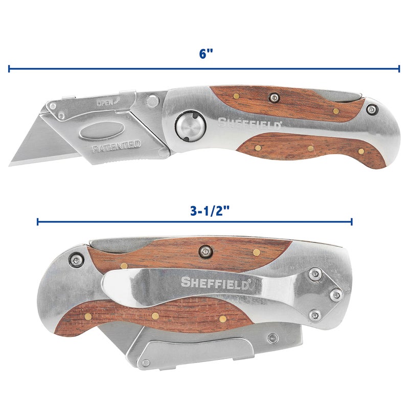 Sheffield 12115 Folding Utility Knife, Stocking Stuffers, Gifts for Men, Dad Gifts, Quick-Change Utility Knife Blades, Lightweight Hardwood Handle, Box Cutter, Cardboard Cutter - Image 2
