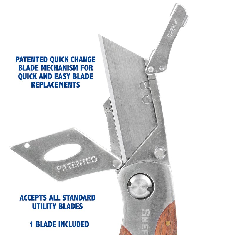 Sheffield 12115 Folding Utility Knife, Stocking Stuffers, Gifts for Men, Dad Gifts, Quick-Change Utility Knife Blades, Lightweight Hardwood Handle, Box Cutter, Cardboard Cutter - Image 4