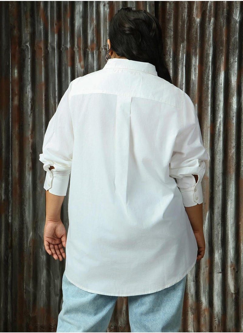 HIGH STAR - Women's White 100% Cotton Solid Plus Size Button Down Shirt - Image 1