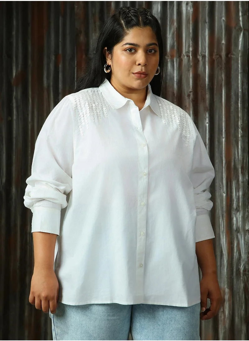 HIGH STAR Women's White 100% Cotton Solid Plus Size Button Down Shirt