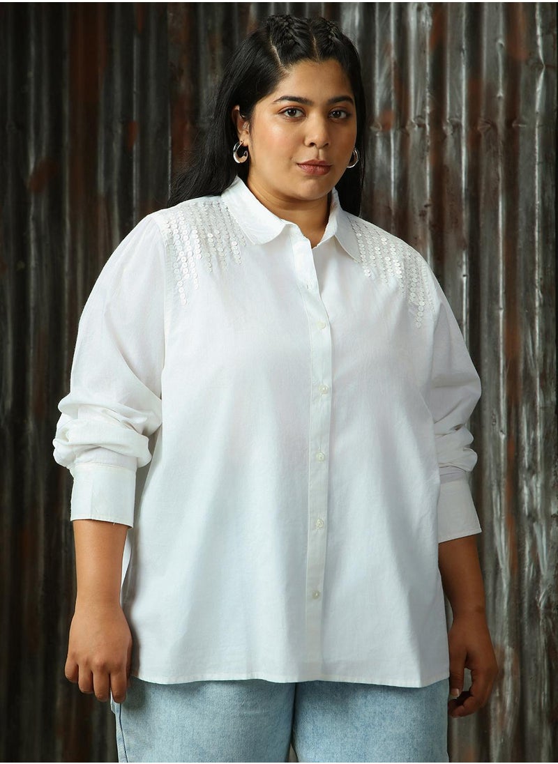 HIGH STAR - Women's White 100% Cotton Solid Plus Size Button Down Shirt - Image 1
