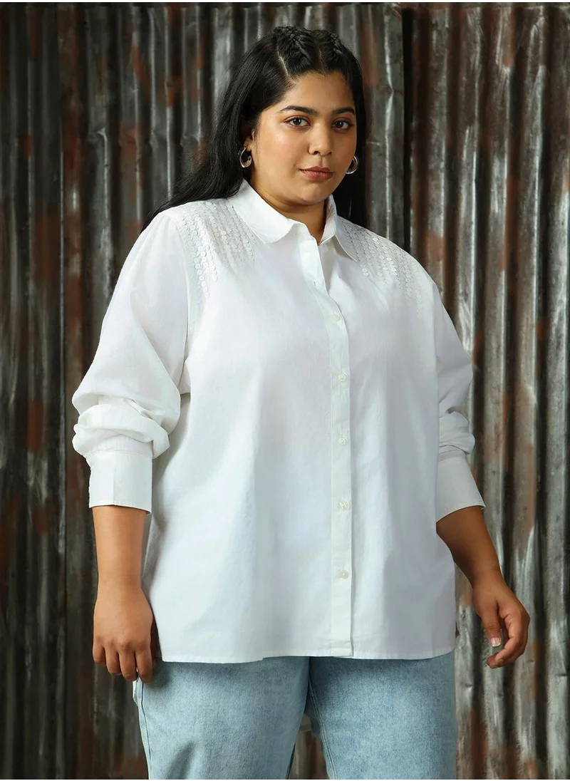 HIGH STAR Women's White 100% Cotton Solid Plus Size Button Down Shirt