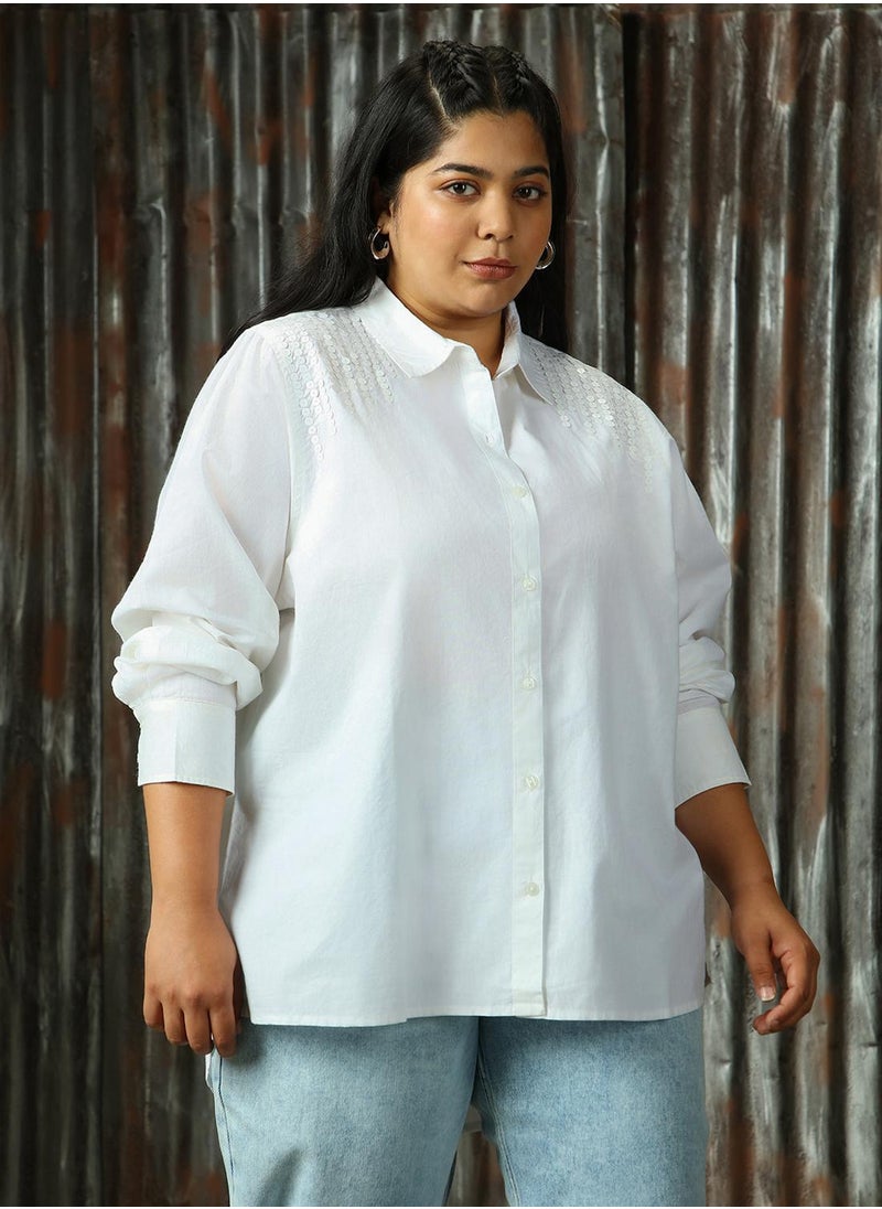 HIGH STAR - Women's White 100% Cotton Solid Plus Size Button Down Shirt - Image 1