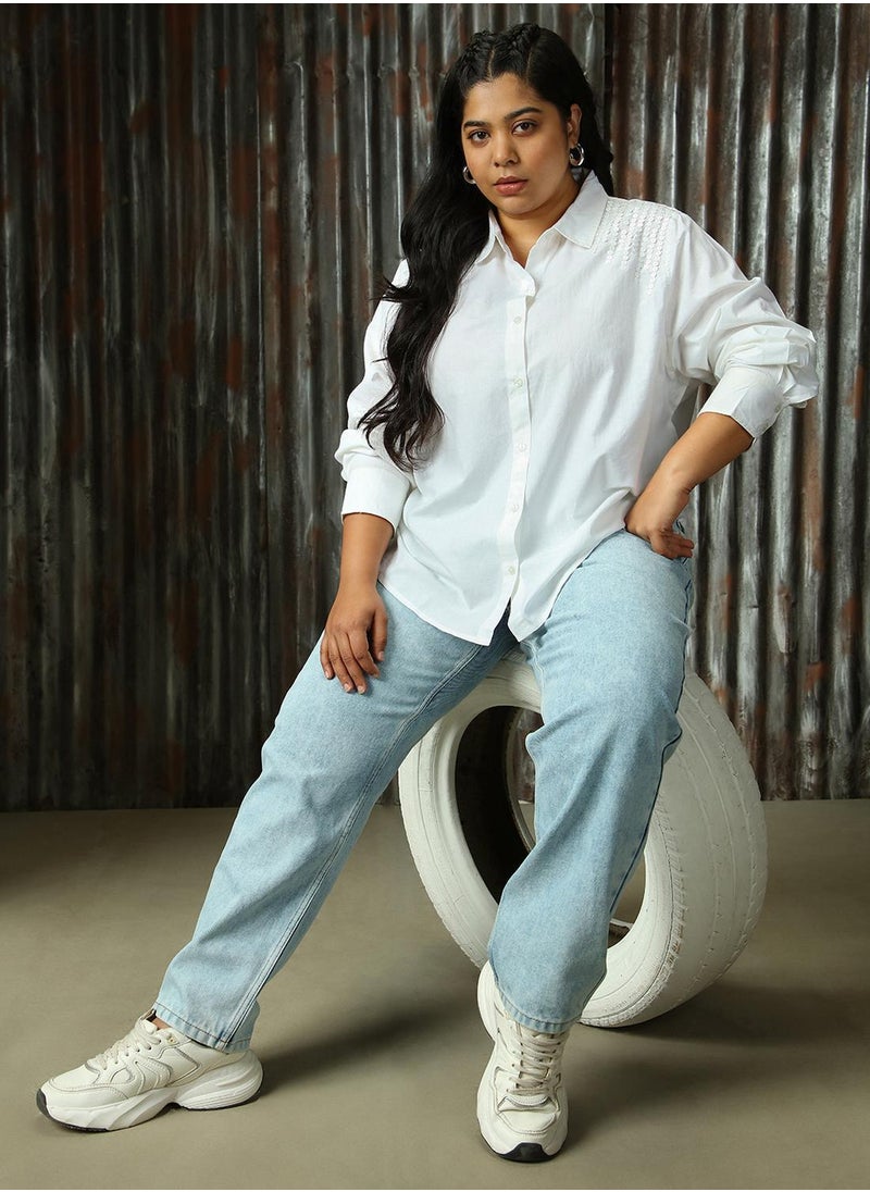 HIGH STAR - Women's White 100% Cotton Solid Plus Size Button Down Shirt - Image 1