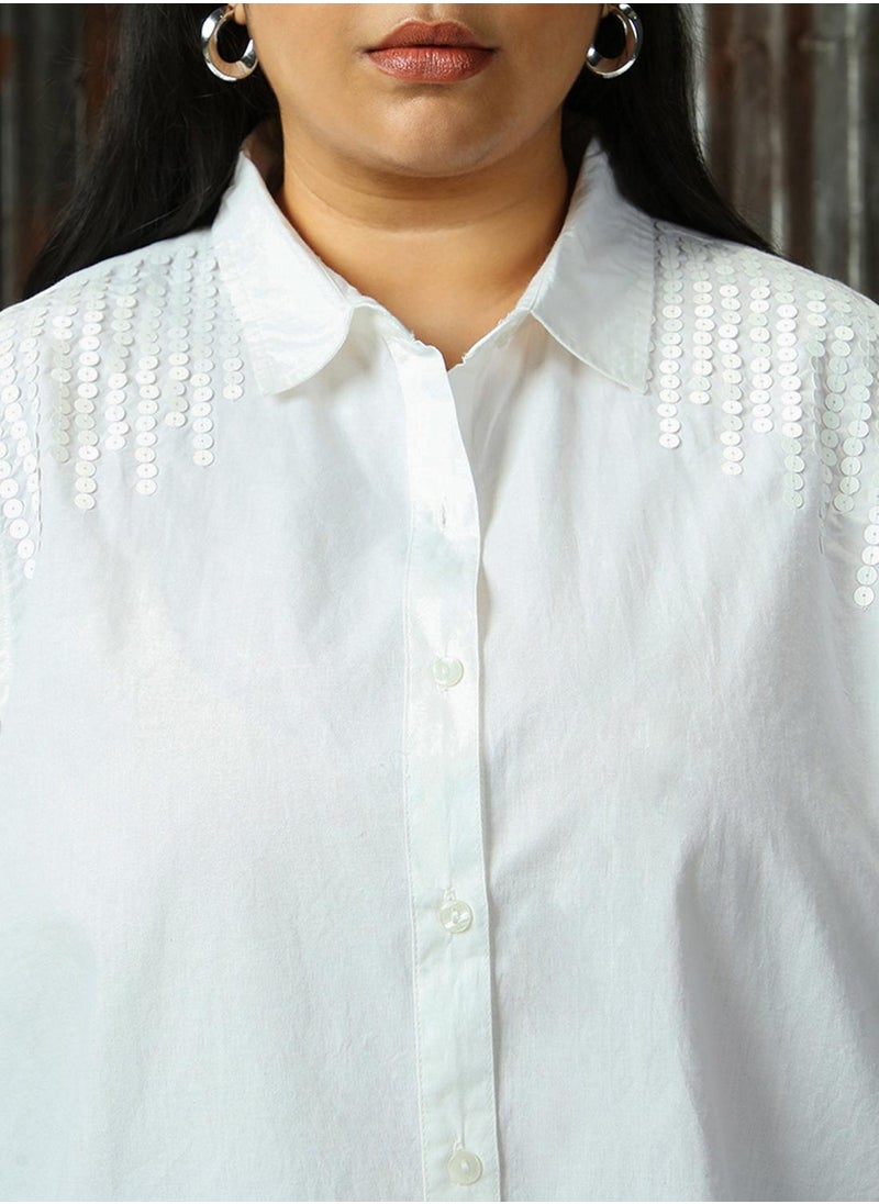 HIGH STAR - Women's White 100% Cotton Solid Plus Size Button Down Shirt - Image 1