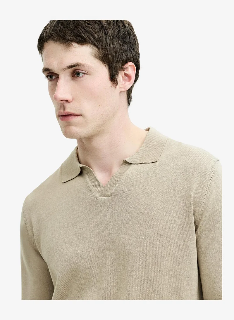 French Connection Men's Open Collar Long Sleeve Stone Knit Top