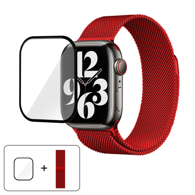 إيروريكس لساعة Apple Watch Series 38 مم سوار ميلانو من الفولاذ المقاوم للصدأ مع فيلم منحني ثلاثي الأبعاد (أحمر) - Image 1