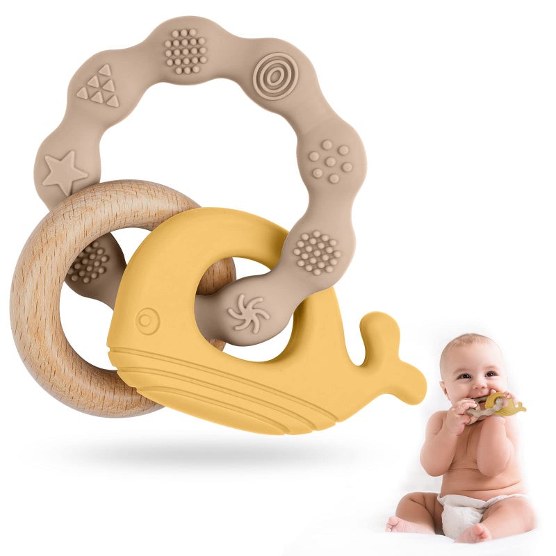 Vicloon Vicloon Baby Teether Toys Silicone Natural Wood Teether Ring Baby Teething Toys for Babies 0 Months Silicone Chewable Rings for Newborn GiftYellow 
