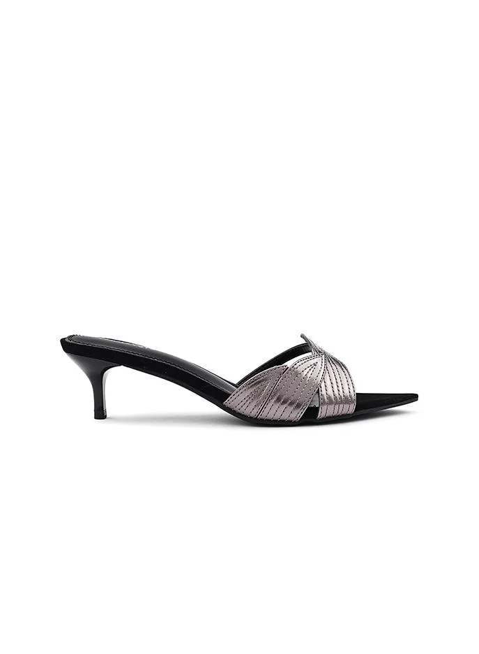 أيقون Shiny heel slipper perfect for evening occasions.