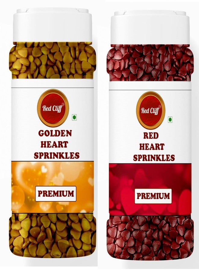 RED CLIFF Edible Golden+Red Heart Shape Sprinkles | Metallic Dessert Toppings for Cakes, Cupcakes, Ice Cream & Sweets | Edible Decorative Sugar Hearts | Ideal for Baking & Festive Garnishing | 100gx2 | Pack of 2 - Image 1